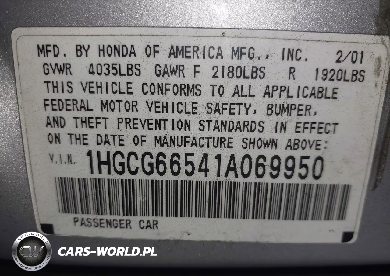 2001 Honda Accord 2.3 Lx VIN:1HGCG66541A069950 - 9