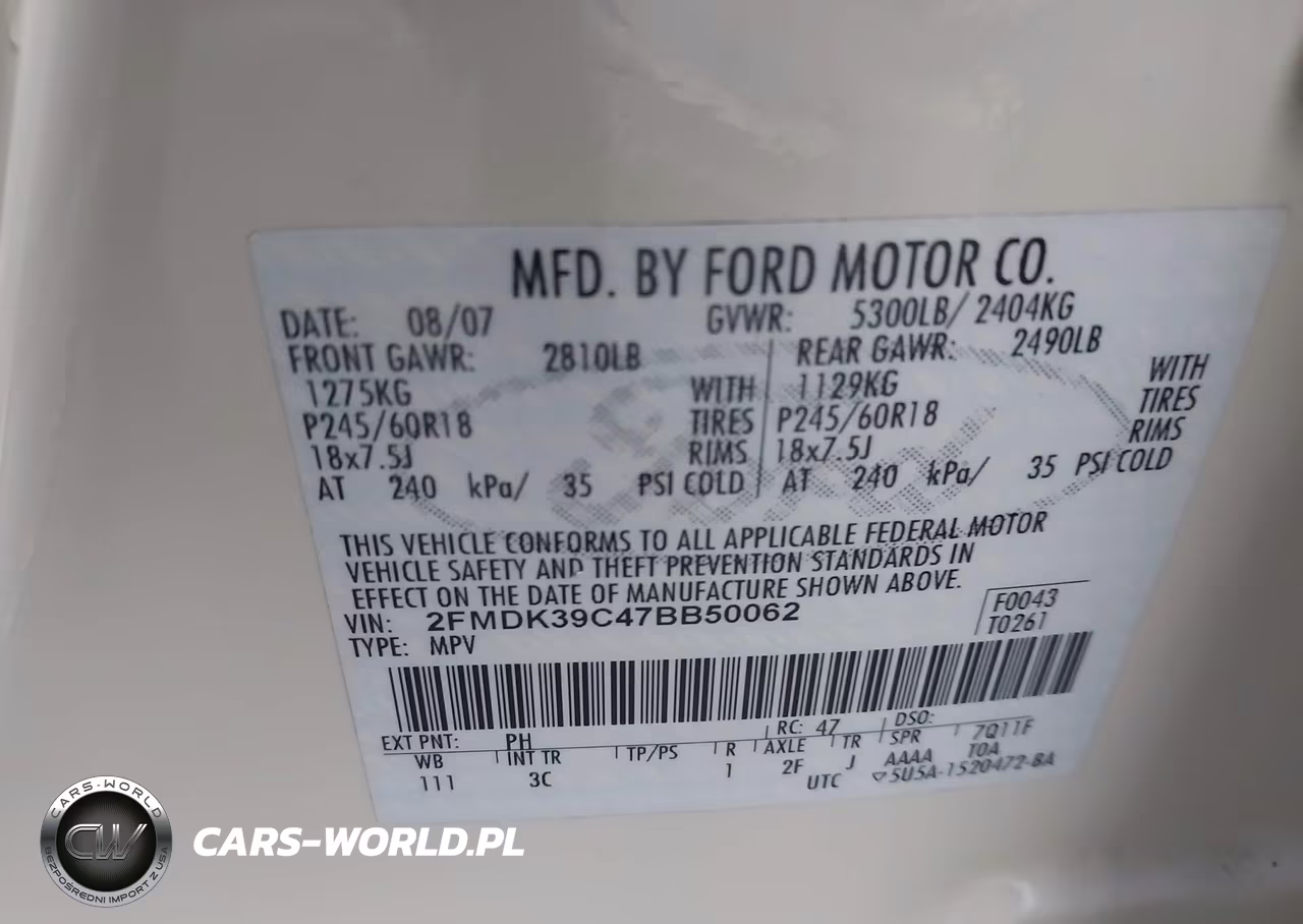 2007 Ford Edge Sel Plus VIN:2FMDK39C47BB50062 - 9