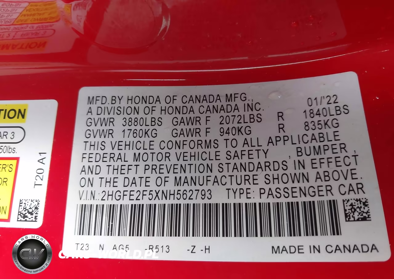 2022 Honda Civic Sport VIN:2HGFE2F5XNH562793 - 9