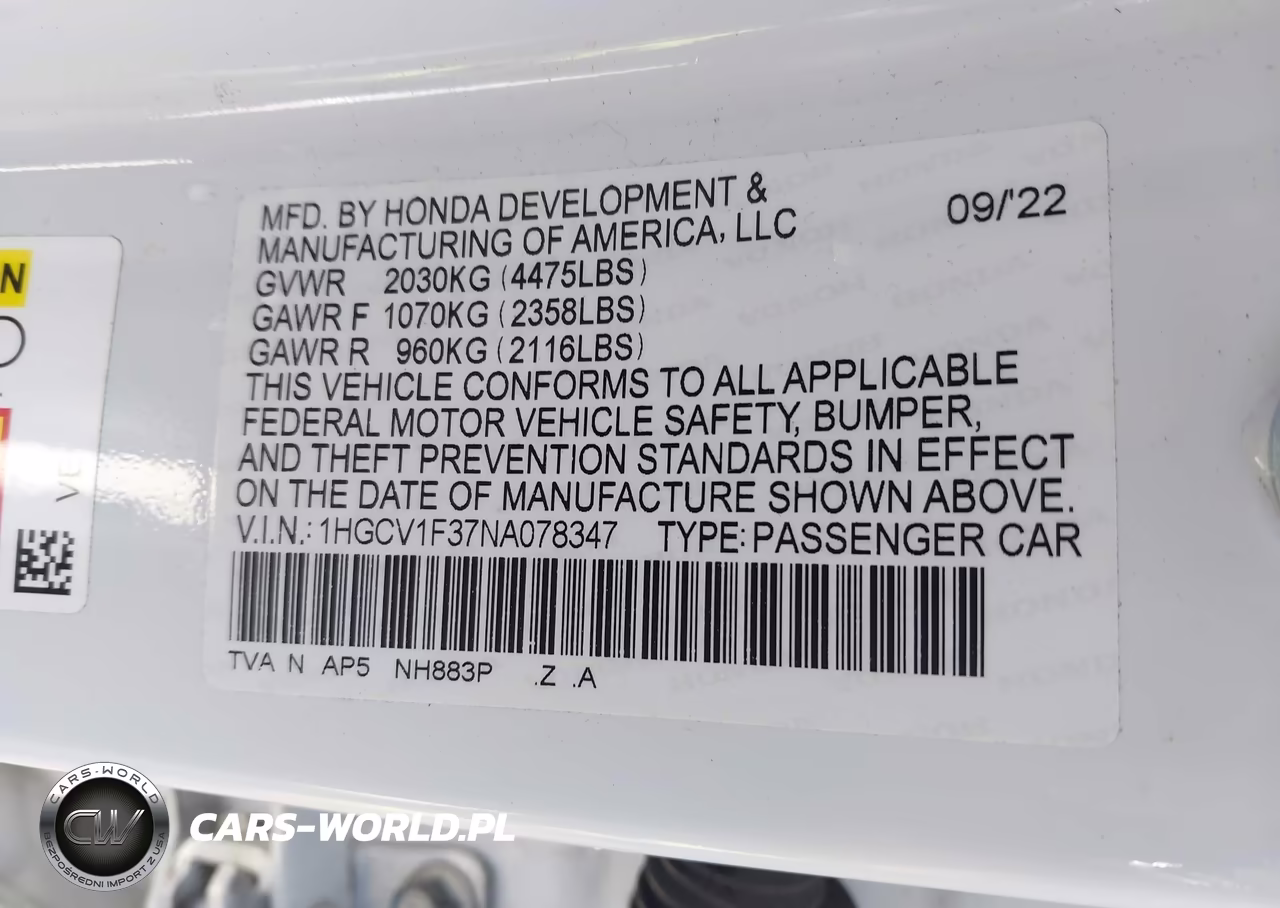 2022 Honda Accord Sport VIN:1HGCV1F37NA078347 - 9