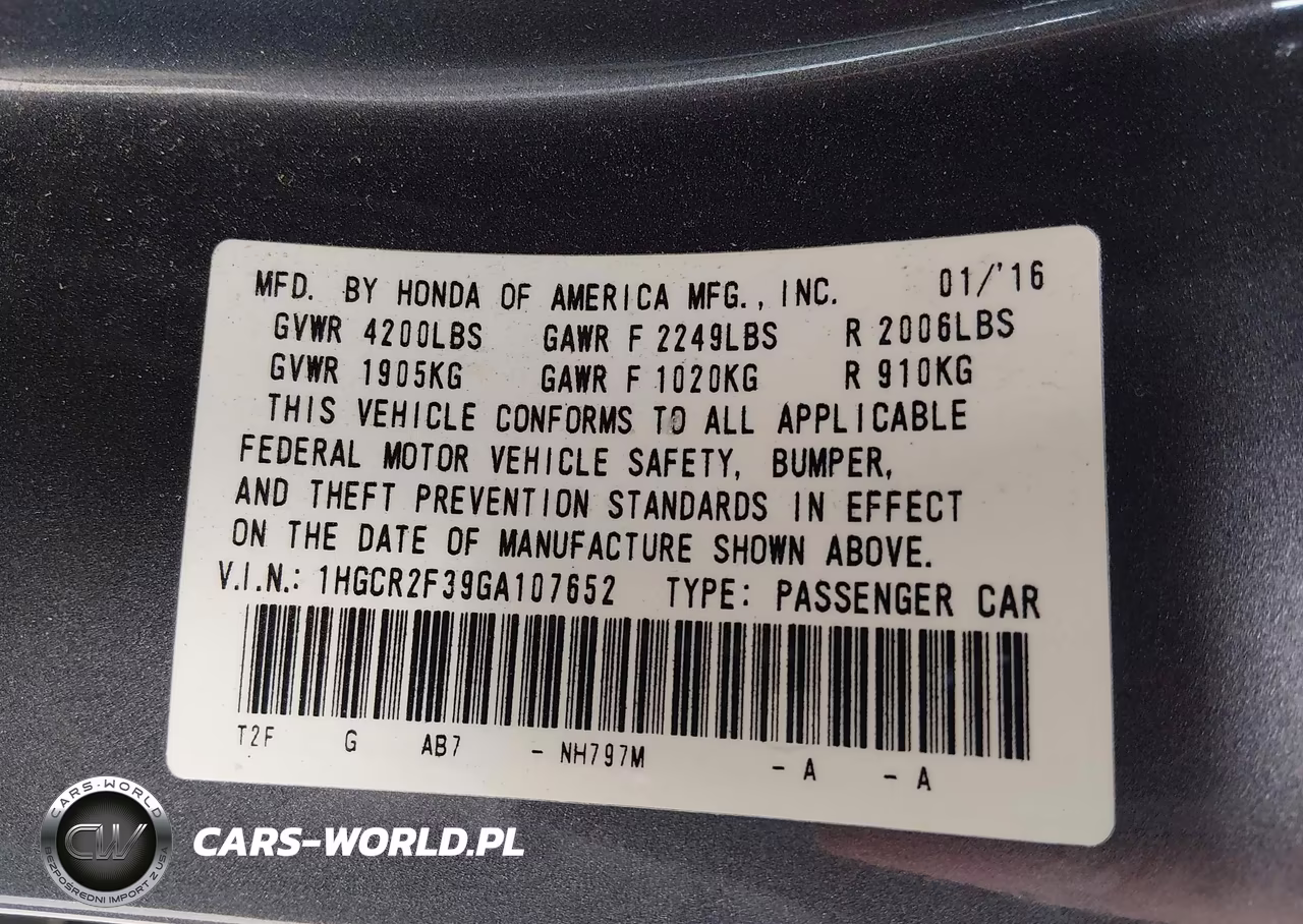 2016 Honda Accord Lx VIN:1HGCR2F39GA107652 - 9