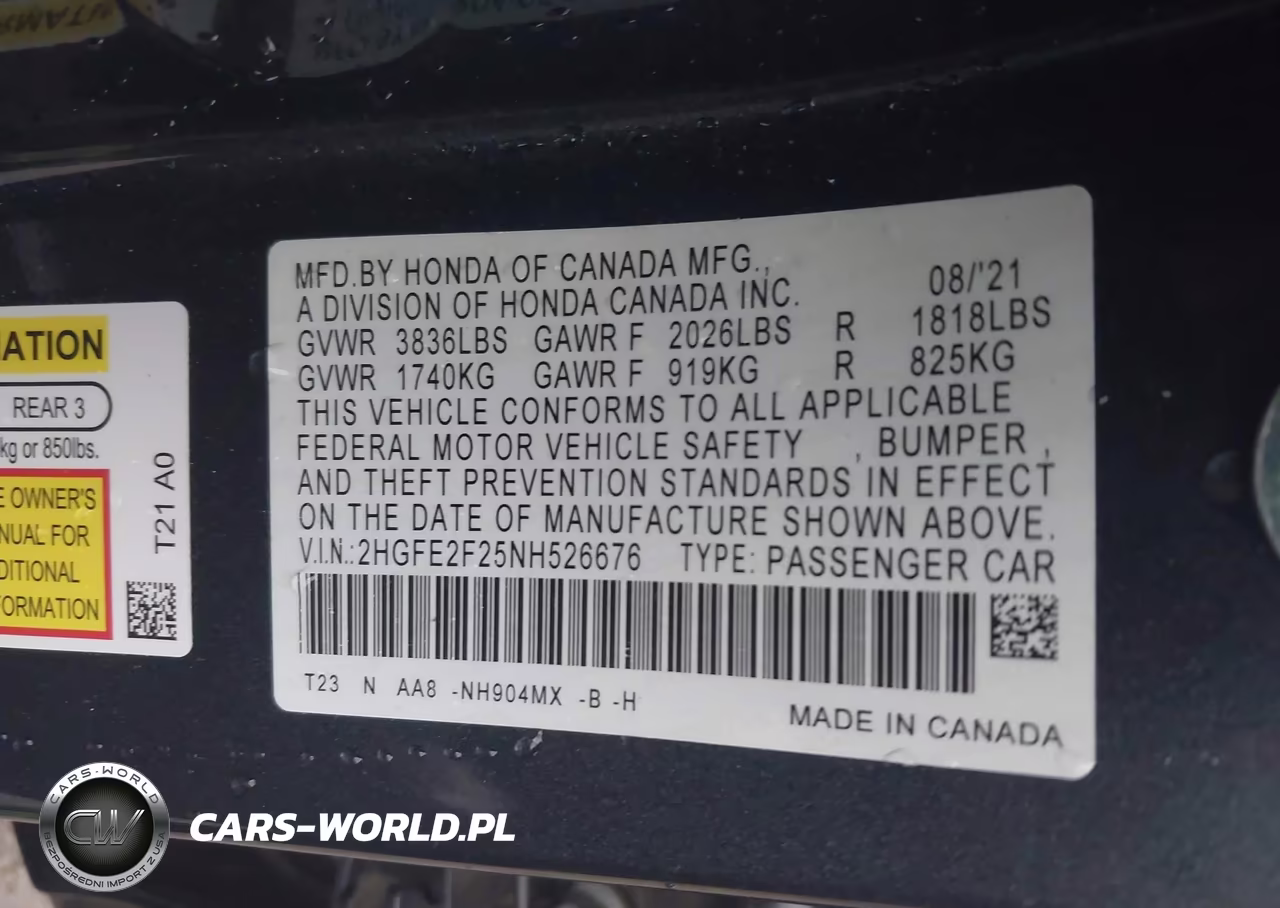 2022 Honda Civic Lx VIN:2HGFE2F25NH526676 - 9