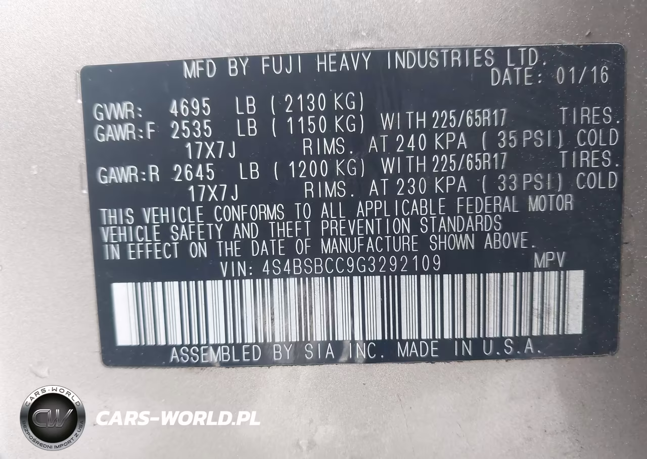 2016 Subaru Outback 2.5I Premium VIN:4S4BSBCC9G3292109 - 9