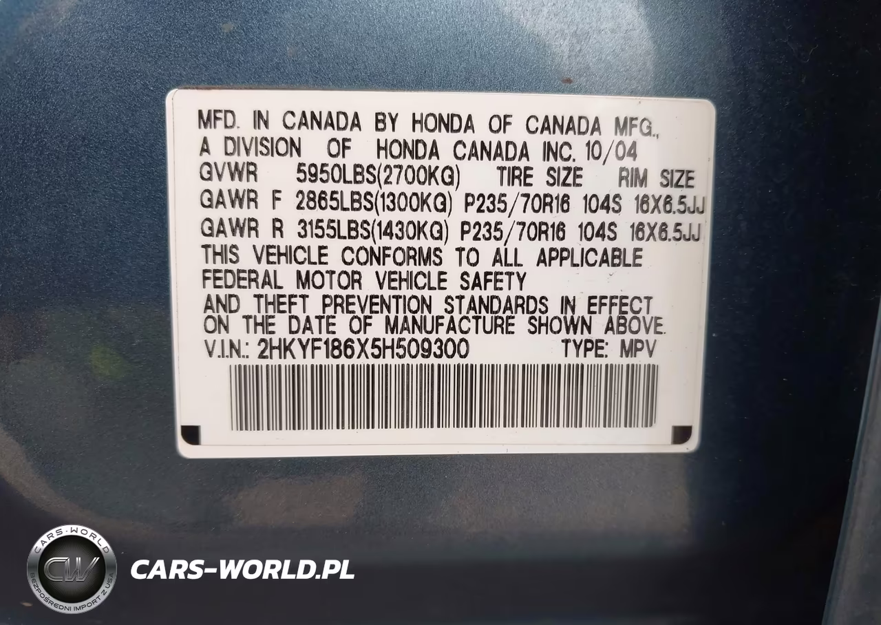 2005 Honda Pilot Ex-L VIN:2HKYF186X5H509300 - 9