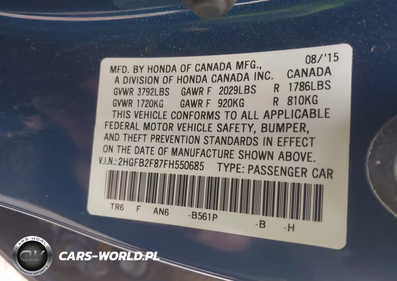 2015 Honda Civic Ex VIN:2HGFB2F87FH550685 - 9