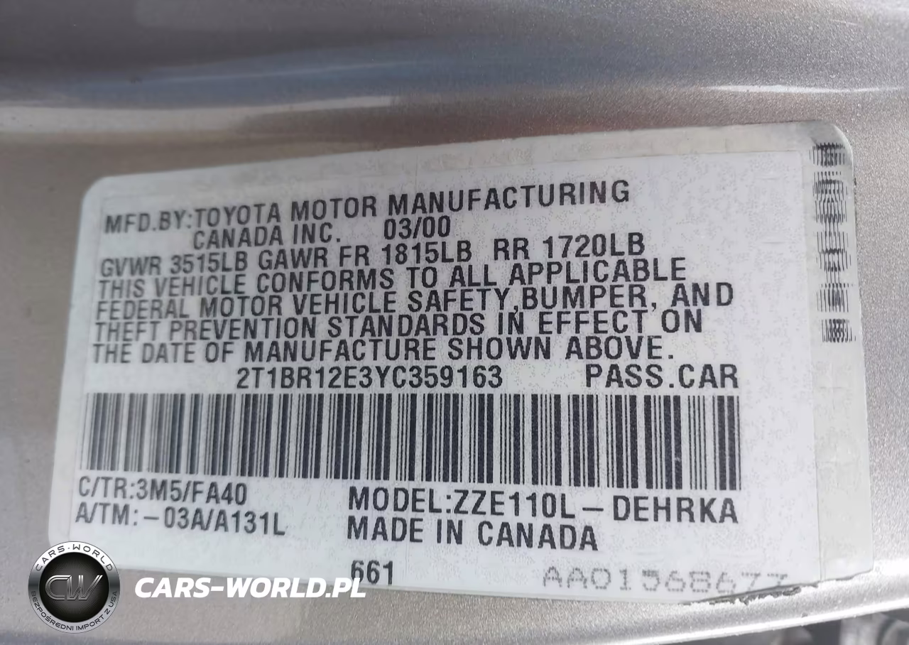2000 Toyota Corolla Ve VIN:2T1BR12E3YC359163 - 9