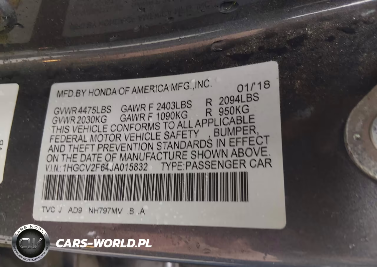 2018 Honda Accord Ex-L 2.0T VIN:1HGCV2F64JA015832 - 9