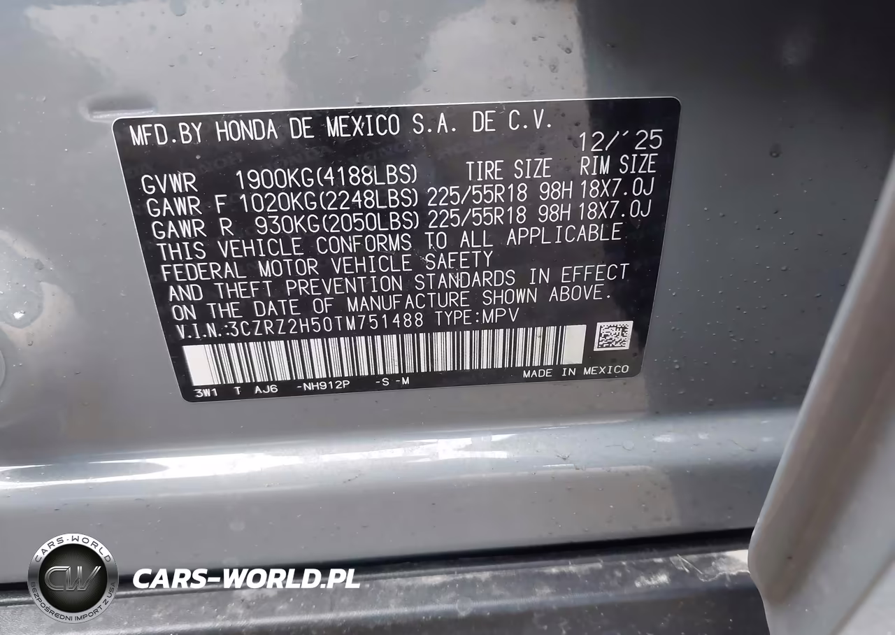 2026 Honda Hr-V Awd Sport VIN:3CZRZ2H50TM751488 - 9