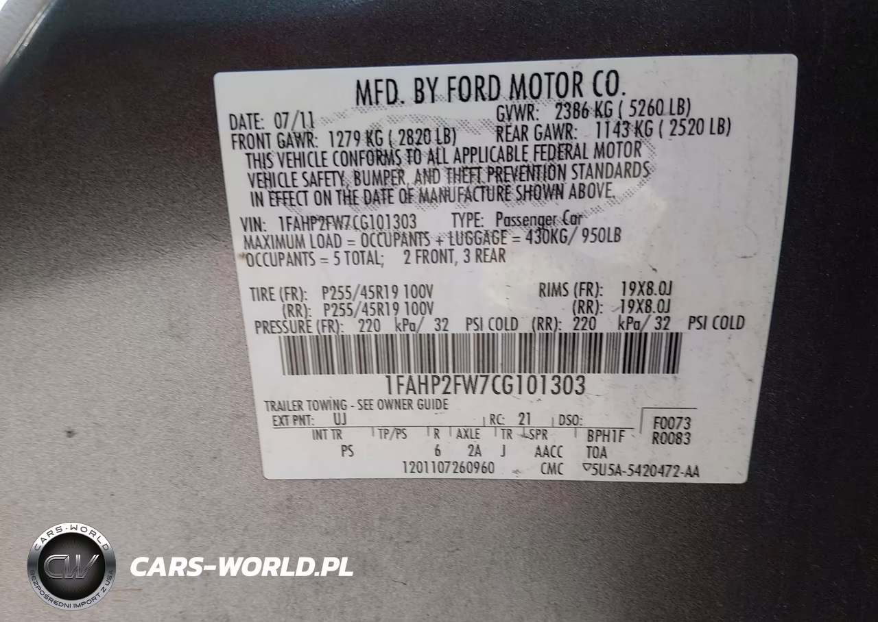 2012 Ford Taurus Limited VIN:1FAHP2FW7CG101303 - 9