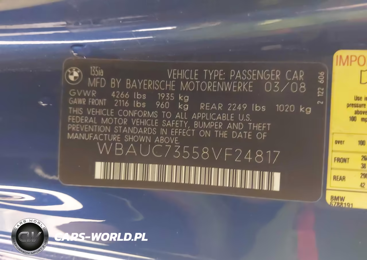 2008 BMW 135I VIN:WBAUC73558VF24817 - 9