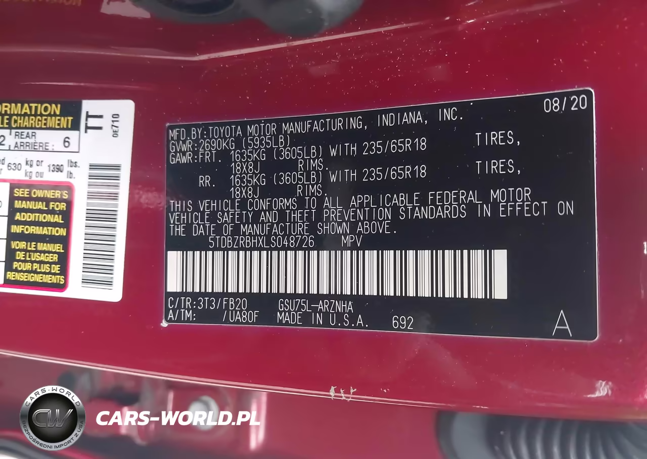 2020 Toyota Highlander Le VIN:5TDBZRBHXLS048726 - 9