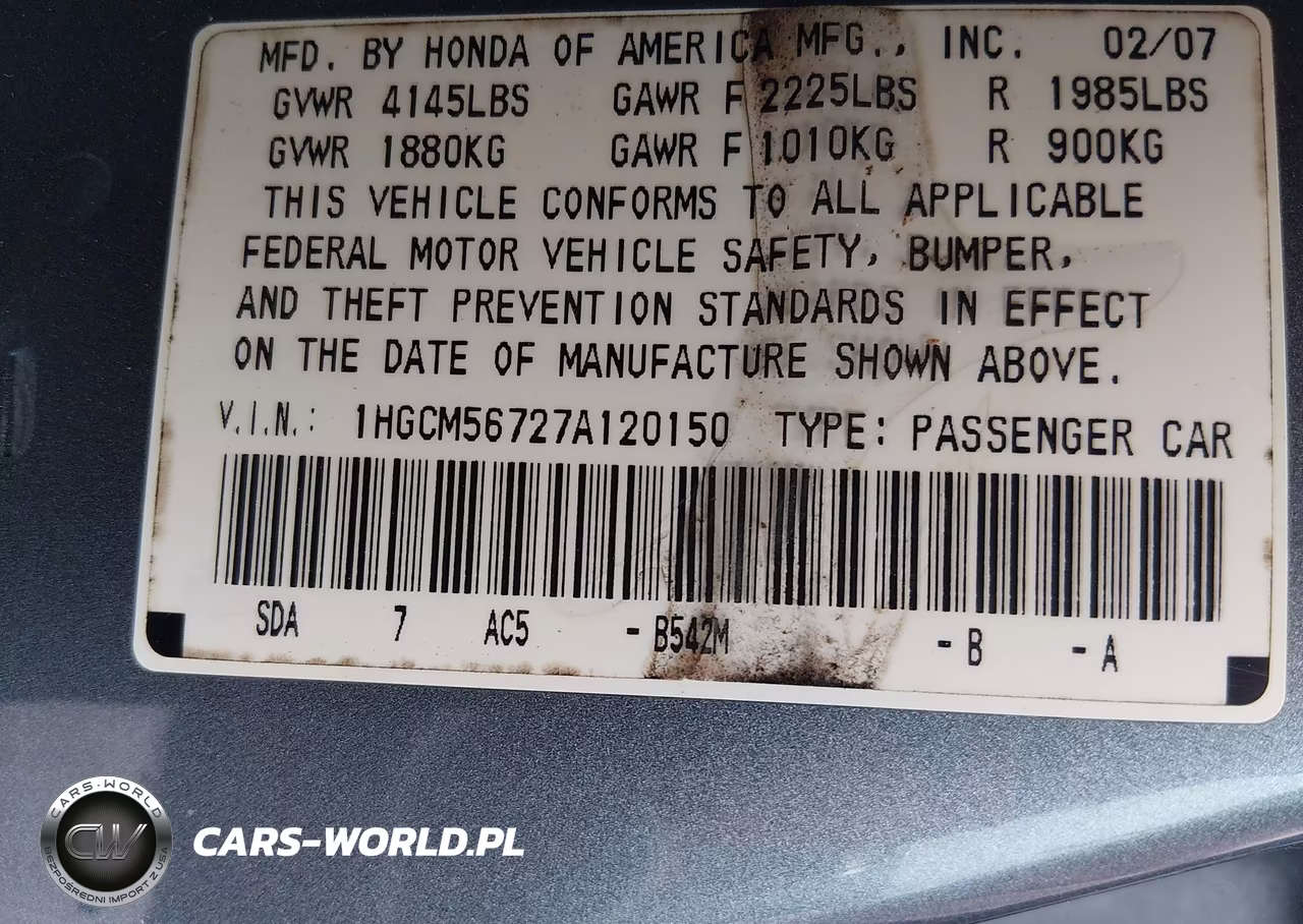 2007 Honda Accord 2.4 Ex VIN:1HGCM56727A120150 - 9
