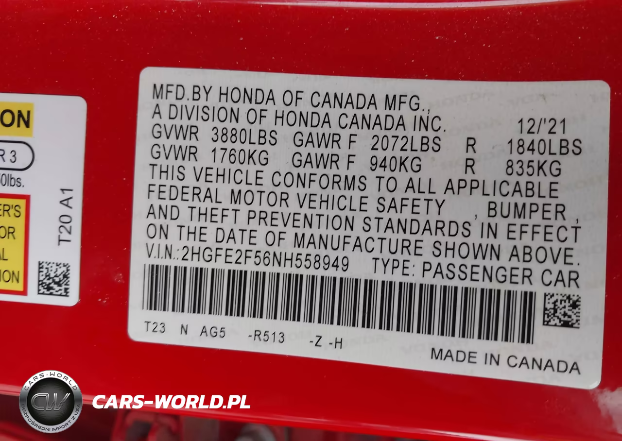 2022 Honda Civic Sport VIN:2HGFE2F56NH558949 - 9