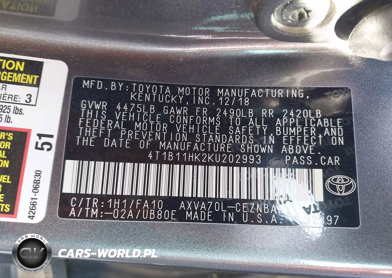 2019 Toyota Camry Le VIN:4T1B11HK2KU202993 - 9