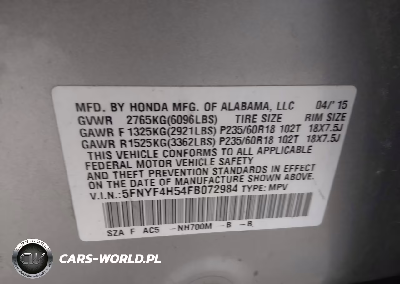 2015 Honda Pilot Ex-L VIN:5FNYF4H54FB072984 - 9