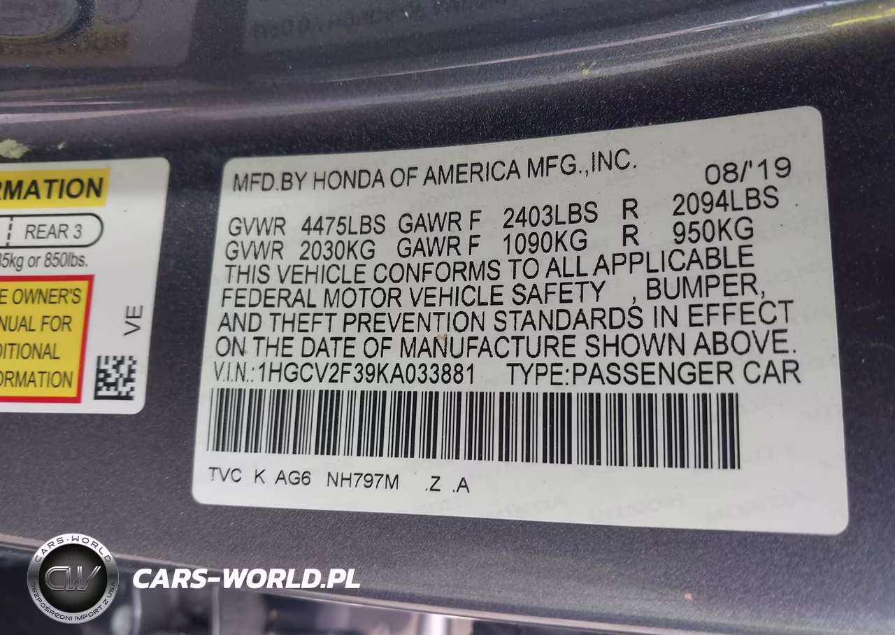 2019 Honda Accord Sport 2.0T VIN:1HGCV2F39KA033881 - 9