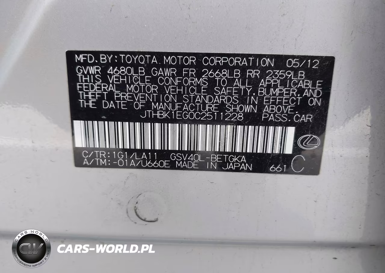 2012 Lexus Es 350 VIN:JTHBK1EG0C2511228 - 9