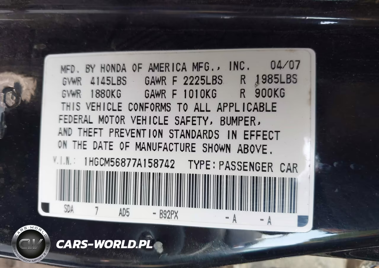 2007 Honda Accord 2.4 Ex VIN:1HGCM56877A158742 - 9