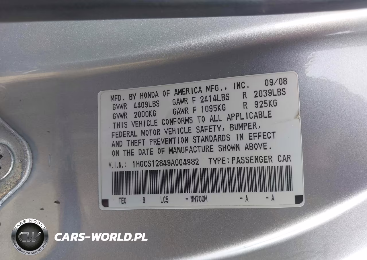 2009 Honda Accord 2.4 Ex-L VIN:1HGCS12849A004982 - 9