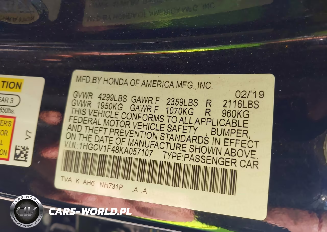 2019 Honda Accord Ex VIN:1HGCV1F48KA057107 - 9