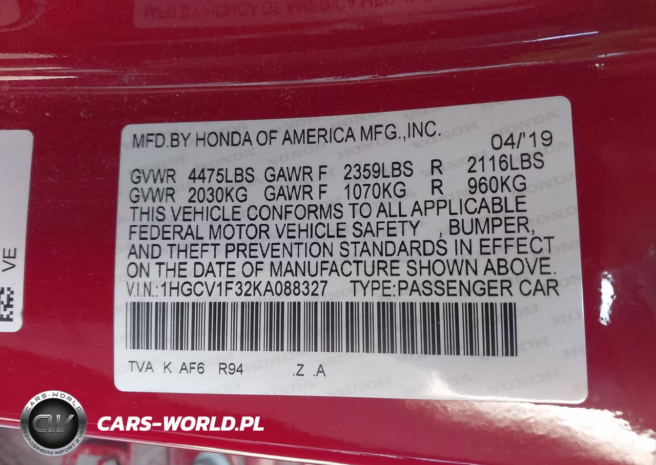 2019 Honda Accord Sport VIN:1HGCV1F32KA088327 - 9