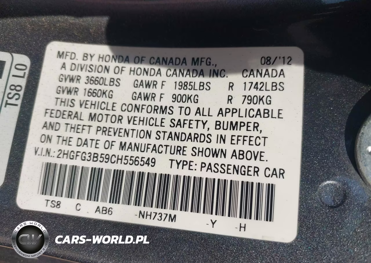 2012 Honda Civic Lx VIN:2HGFG3B59CH556549 - 9