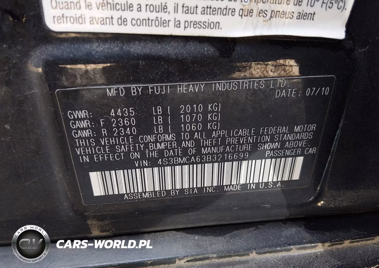 2011 Subaru Legacy 2.5I VIN:4S3BMCA63B3216699 - 9
