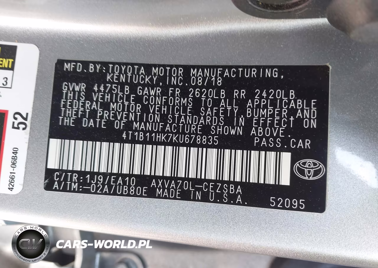 2019 Toyota Camry Se VIN:4T1B11HK7KU678835 - 9
