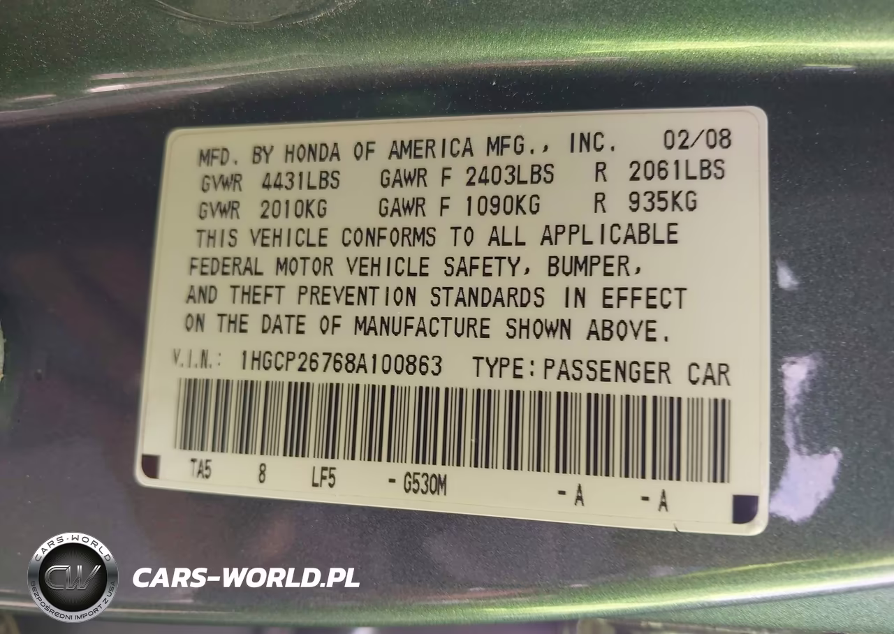 2008 Honda Accord 2.4 Ex VIN:1HGCP26768A100863 - 9