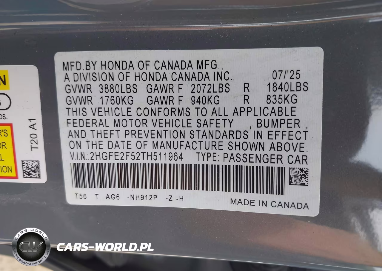2026 Honda Civic Sport VIN:2HGFE2F52TH511964 - 9