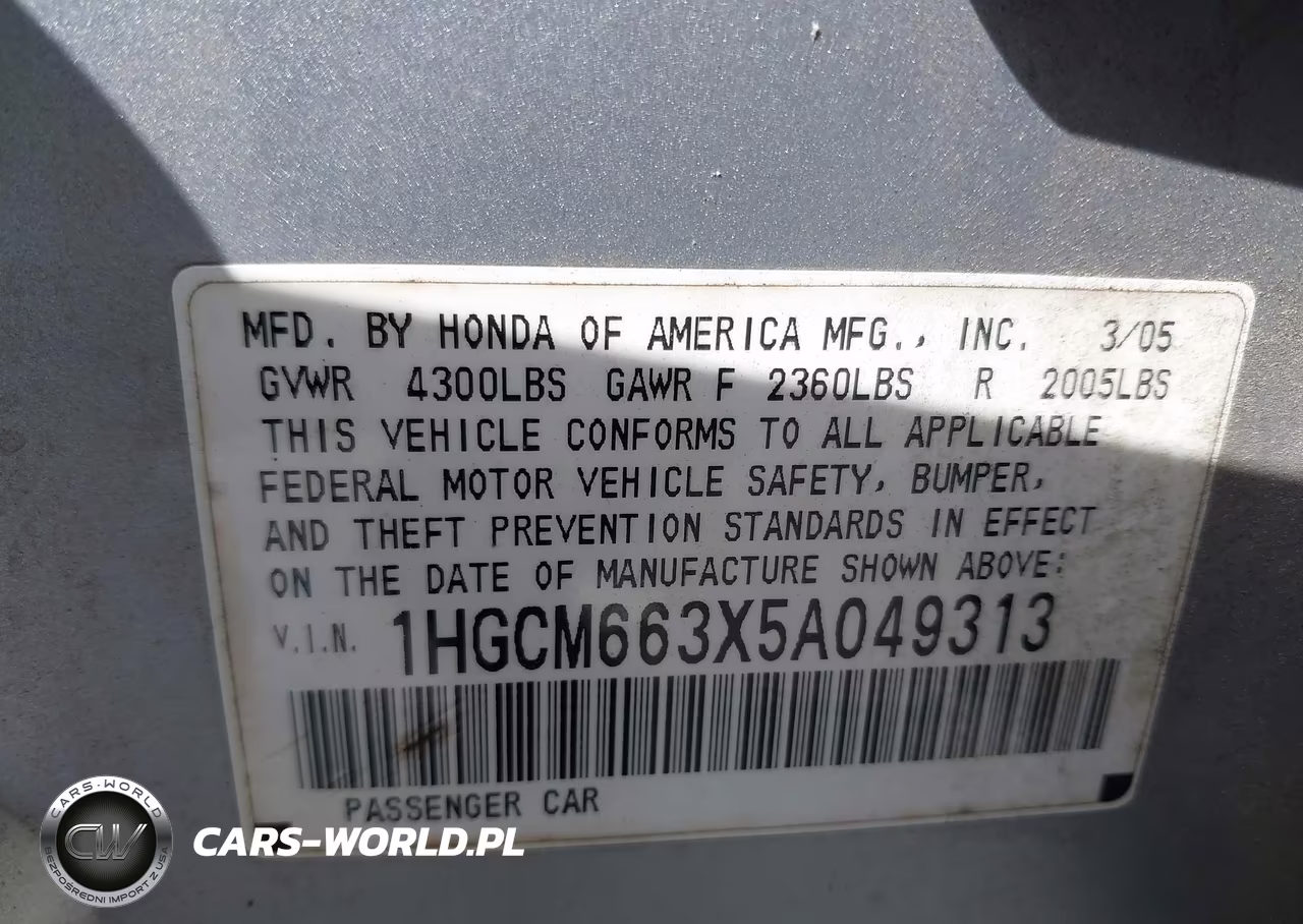 2005 Honda Accord 3.0 Lx VIN:1HGCM663X5A049313 - 9