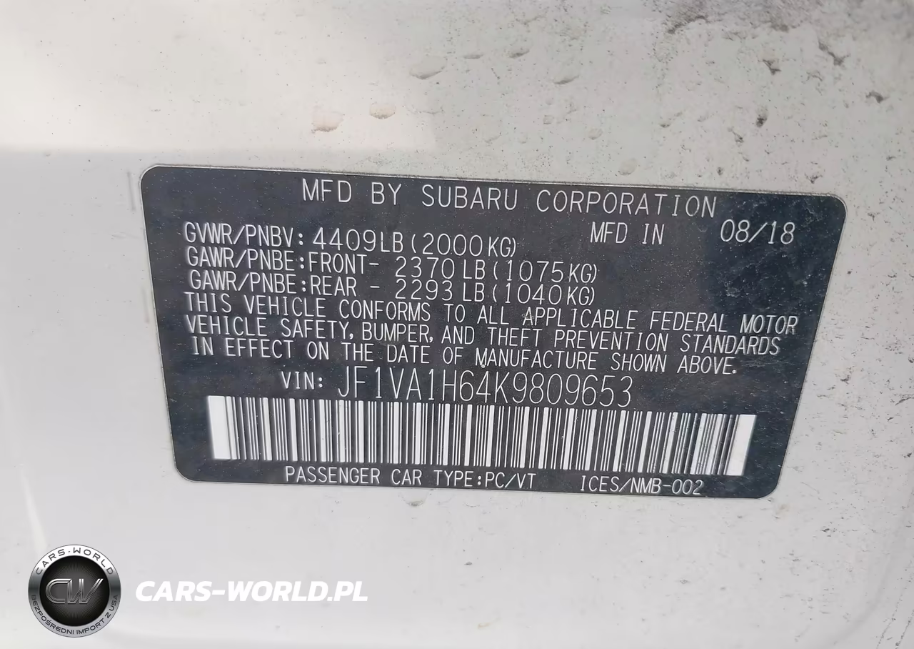 2019 Subaru Wrx Limited VIN:JF1VA1H64K9809653 - 9