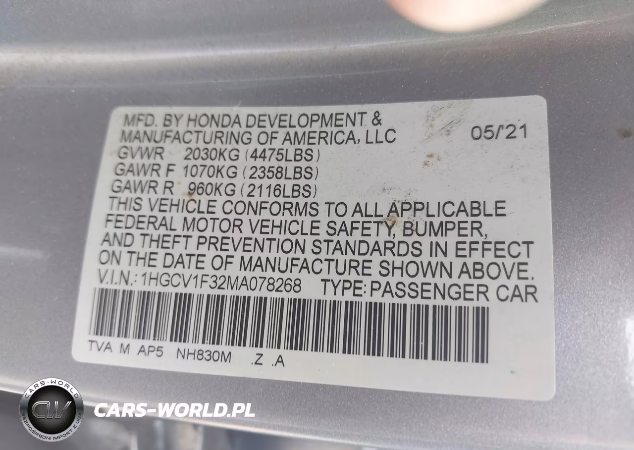 2021 Honda Accord Sport VIN:1HGCV1F32MA078268 - 9
