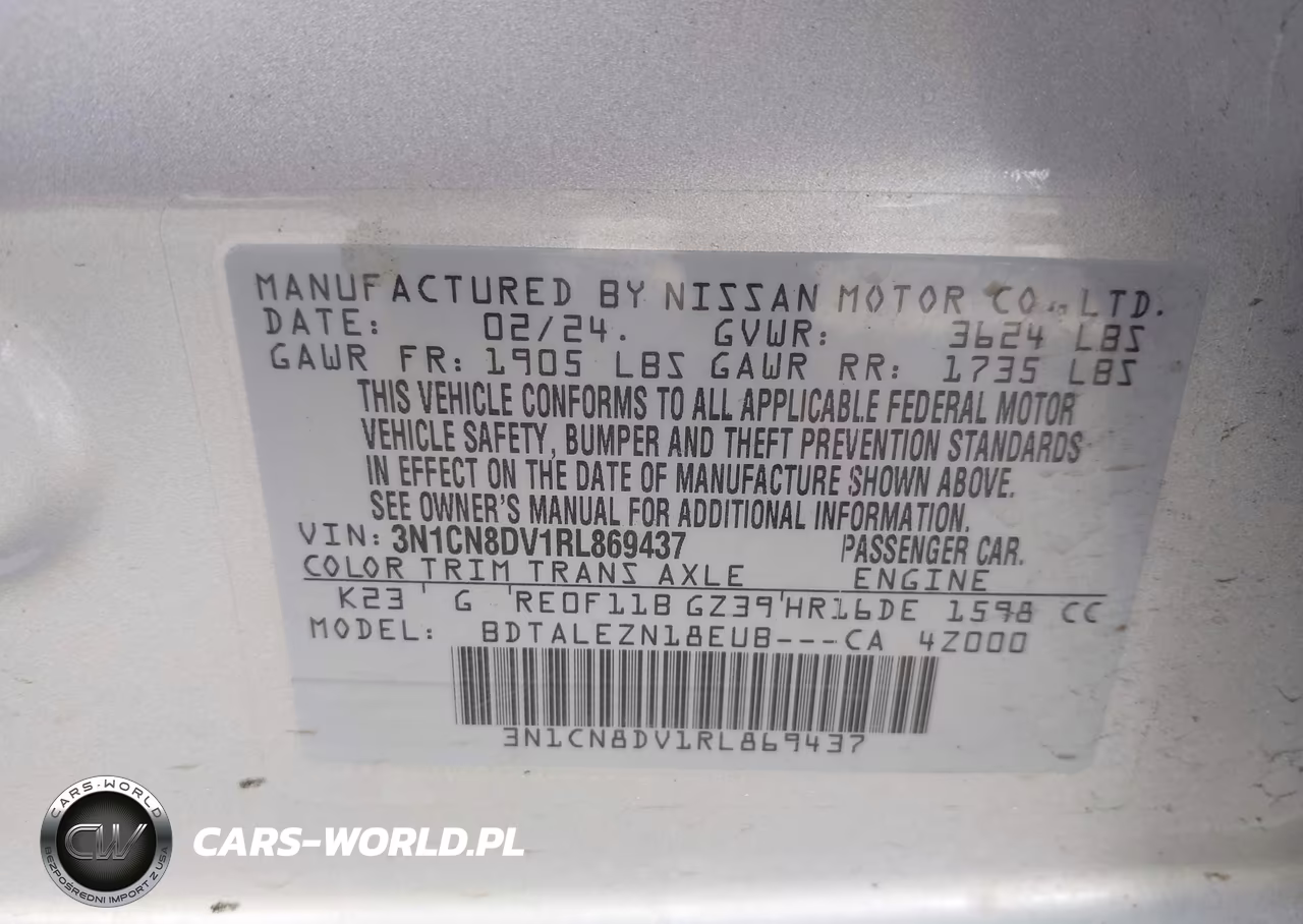 2024 Nissan Versa 1.6 S VIN:3N1CN8DV1RL869437 - 9