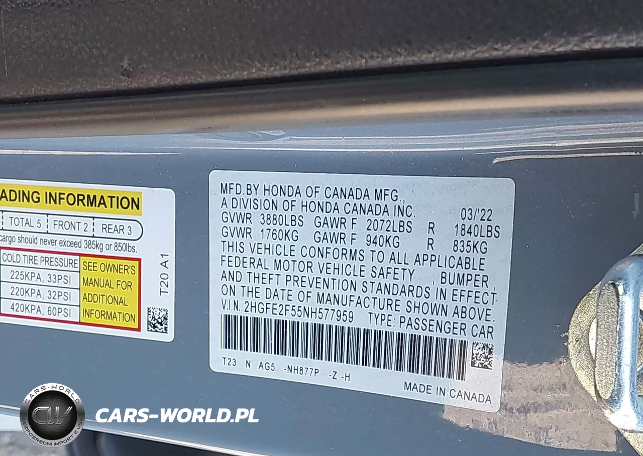 2022 Honda Civic Sport VIN:2HGFE2F55NH577959 - 9