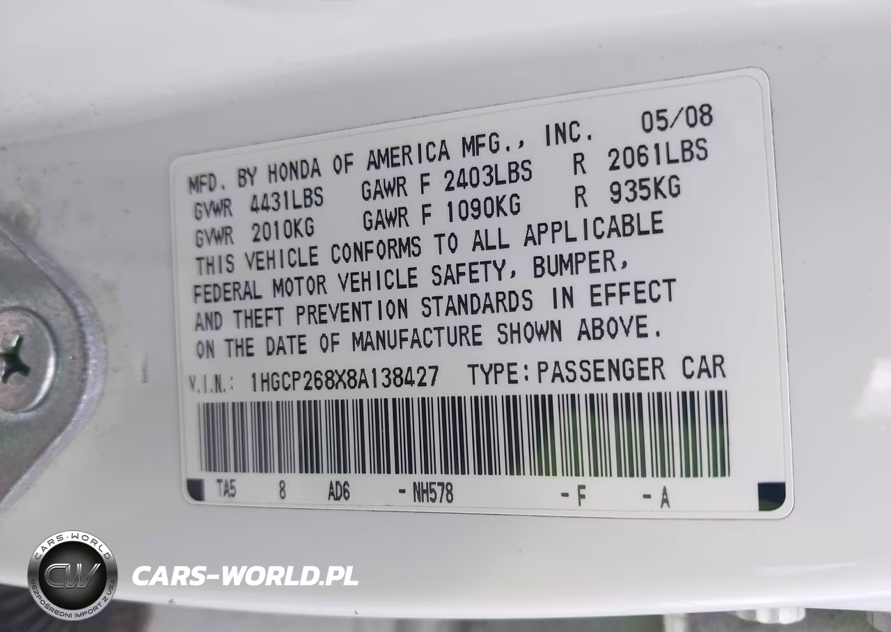2008 Honda Accord 2.4 Ex-L VIN:1HGCP268X8A138427 - 9