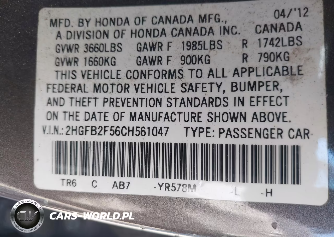 2012 Honda Civic Lx VIN:2HGFB2F56CH561047 - 9
