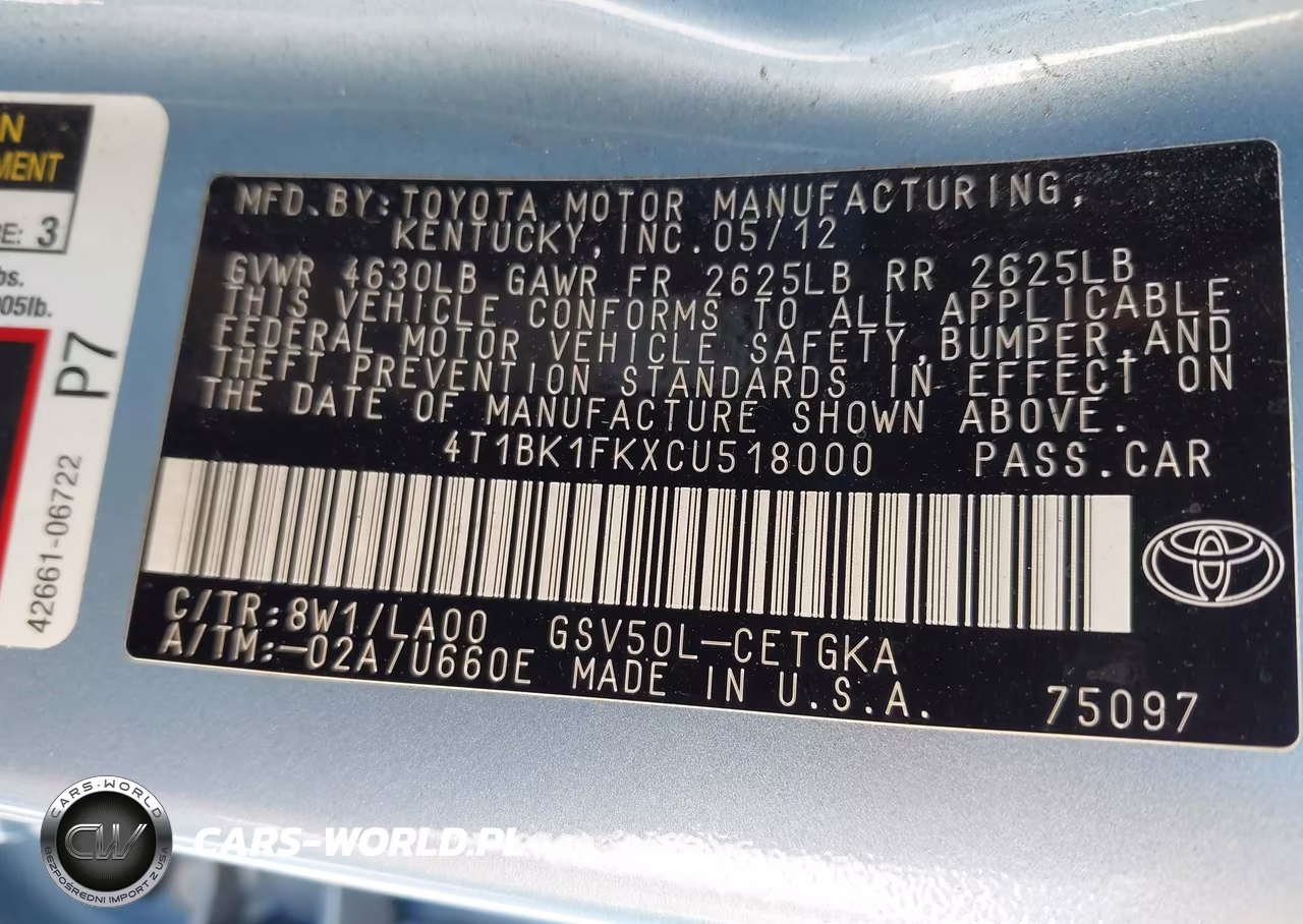2012 Toyota Camry Xle V6 VIN:4T1BK1FKXCU518000 - 9