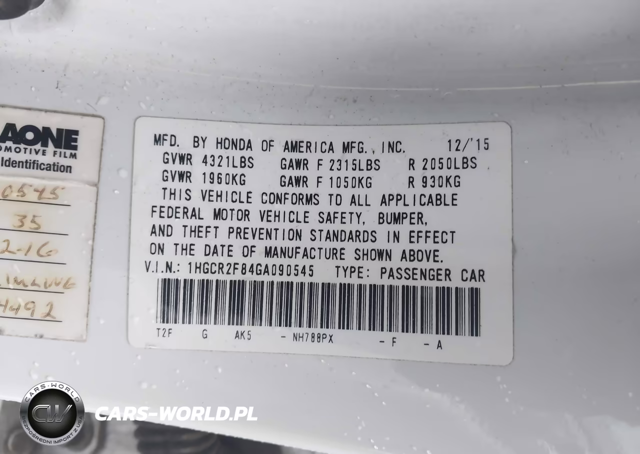 2016 Honda Accord Ex-L VIN:1HGCR2F84GA090545 - 9