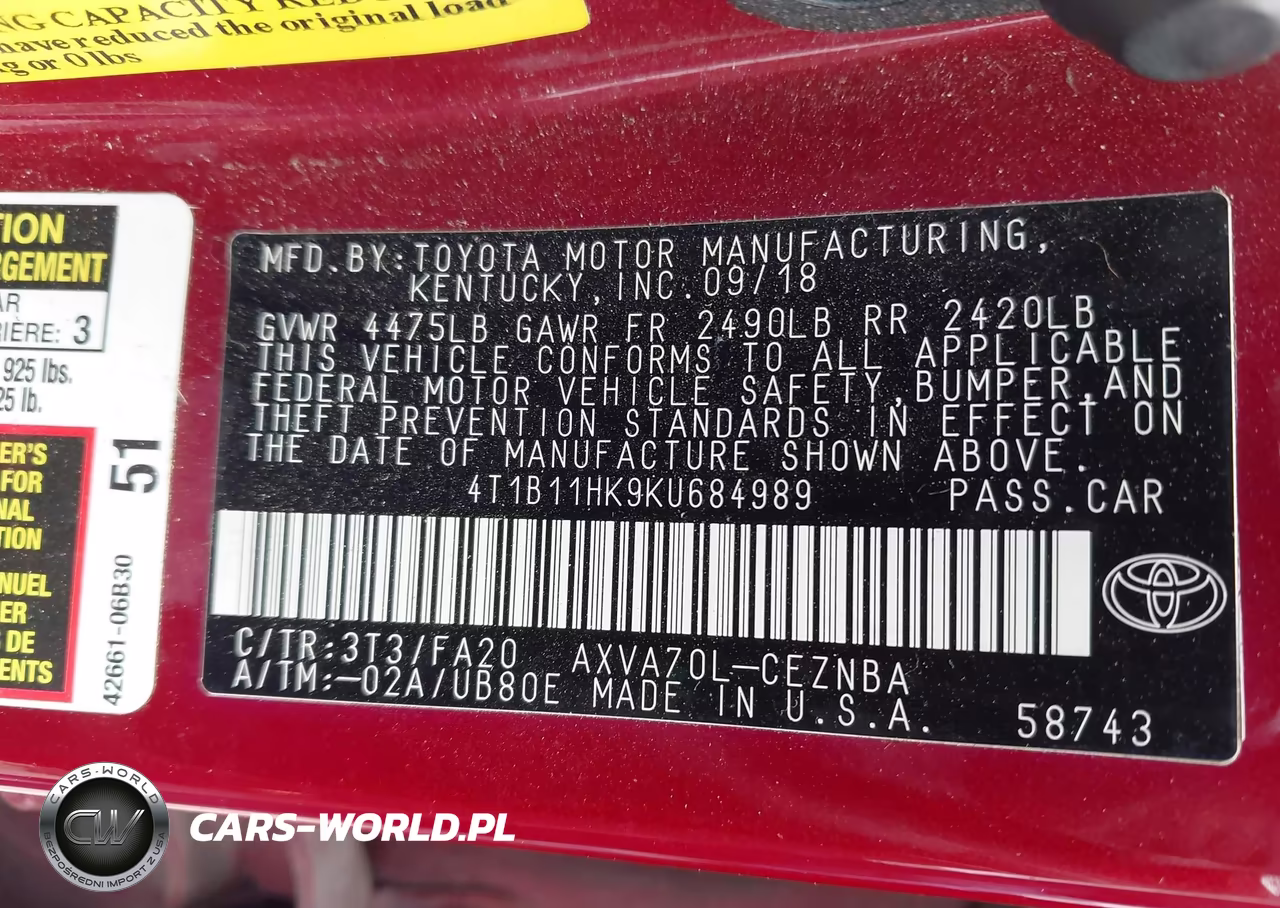 2019 Toyota Camry Le VIN:4T1B11HK9KU684989 - 9