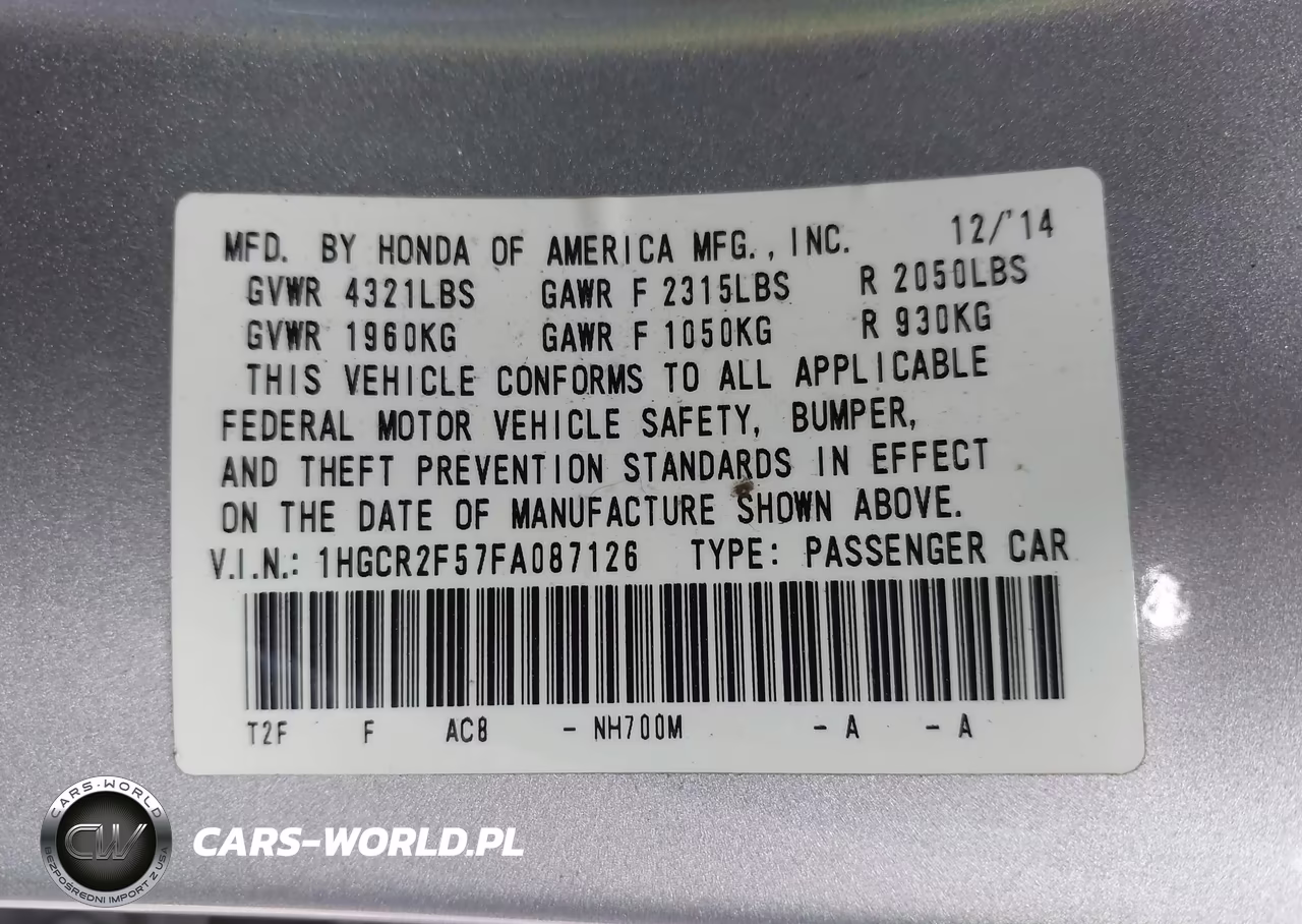 2015 Honda Accord Sport VIN:1HGCR2F57FA087126 - 9