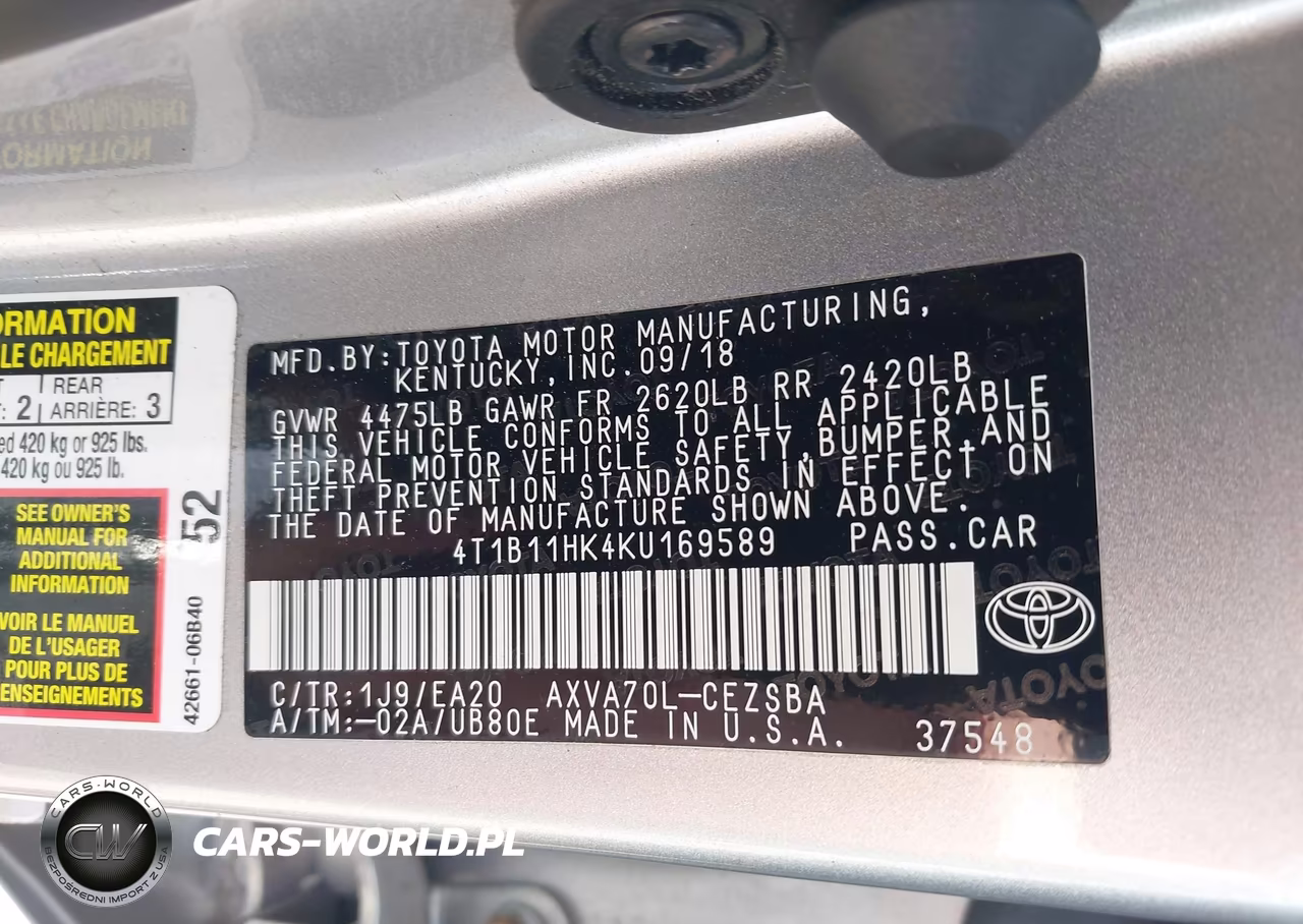 2019 Toyota Camry Se VIN:4T1B11HK4KU169589 - 9