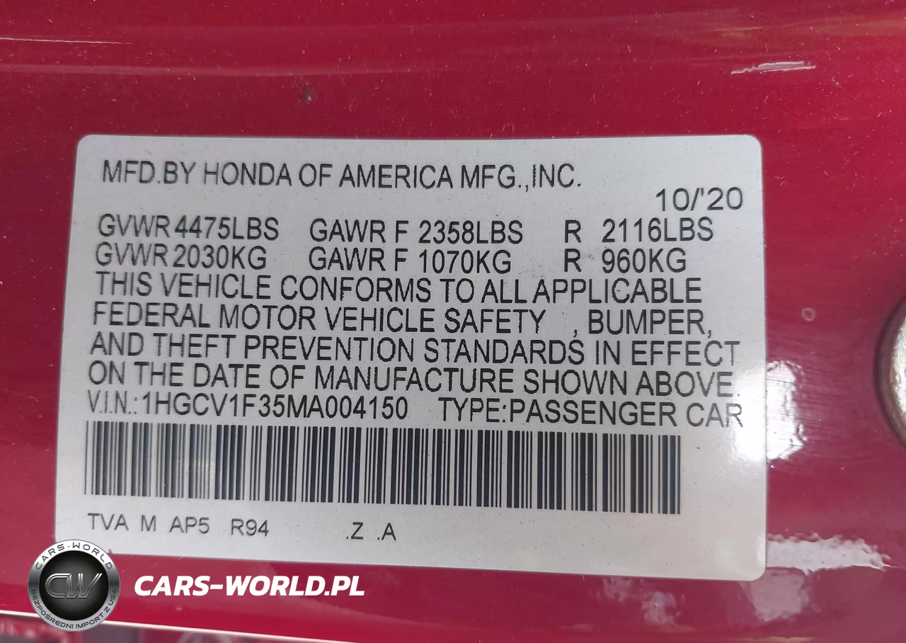 2021 Honda Accord Sport VIN:1HGCV1F35MA004150 - 9