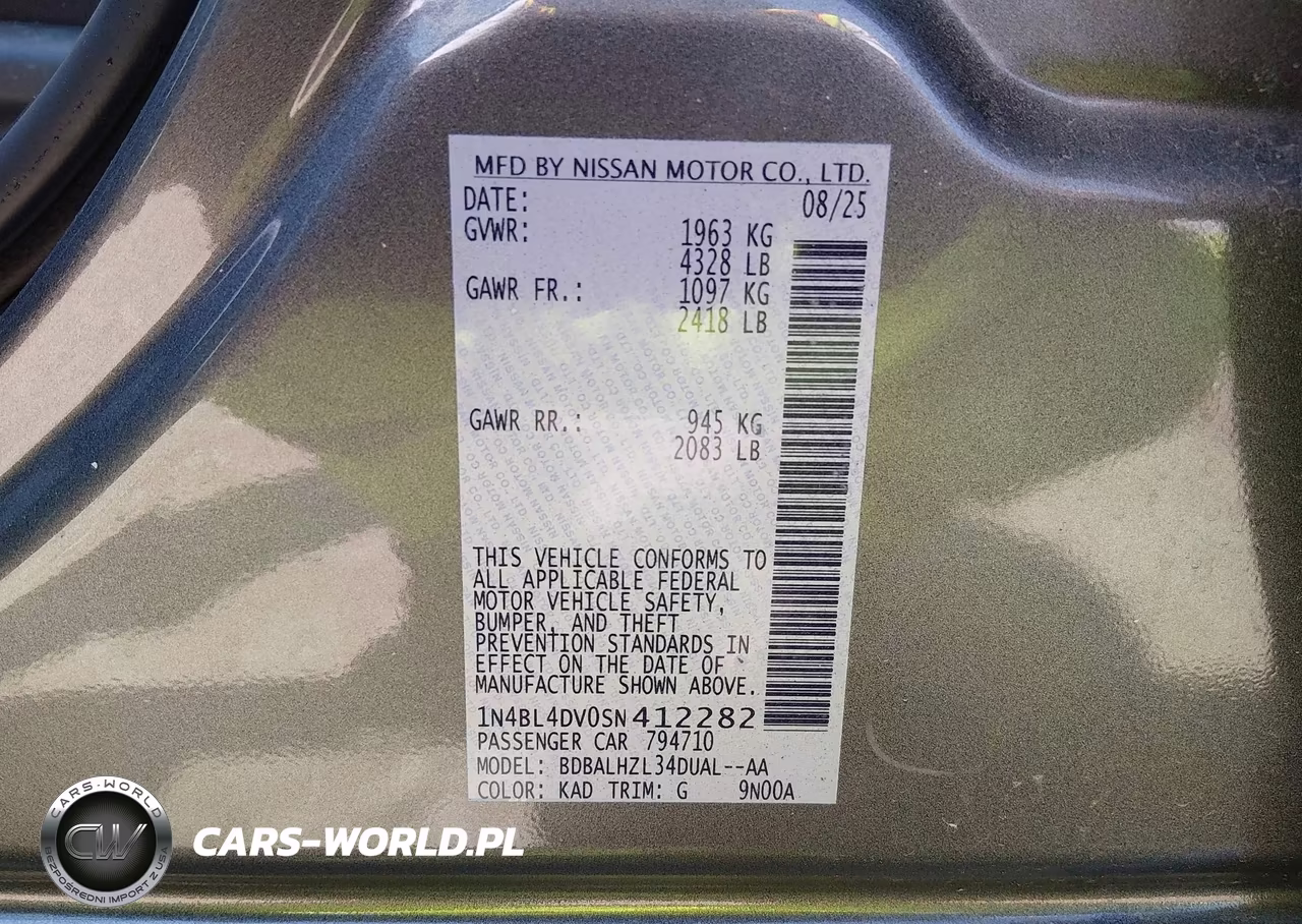 2025 Nissan Altima Sv Fwd VIN:1N4BL4DV0SN412282 - 9