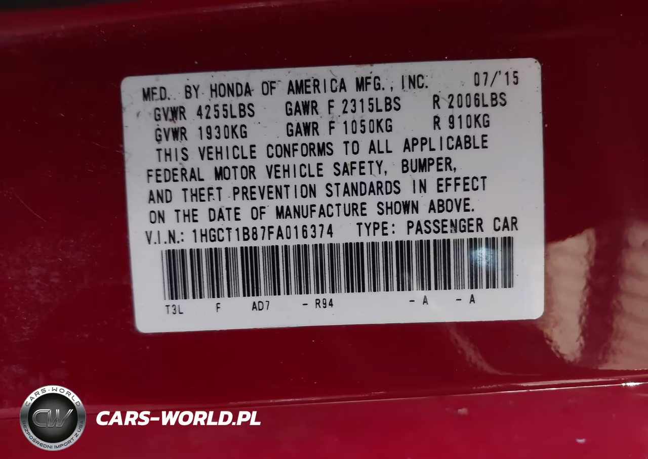 2015 Honda Accord Ex-L VIN:1HGCT1B87FA016374 - 9