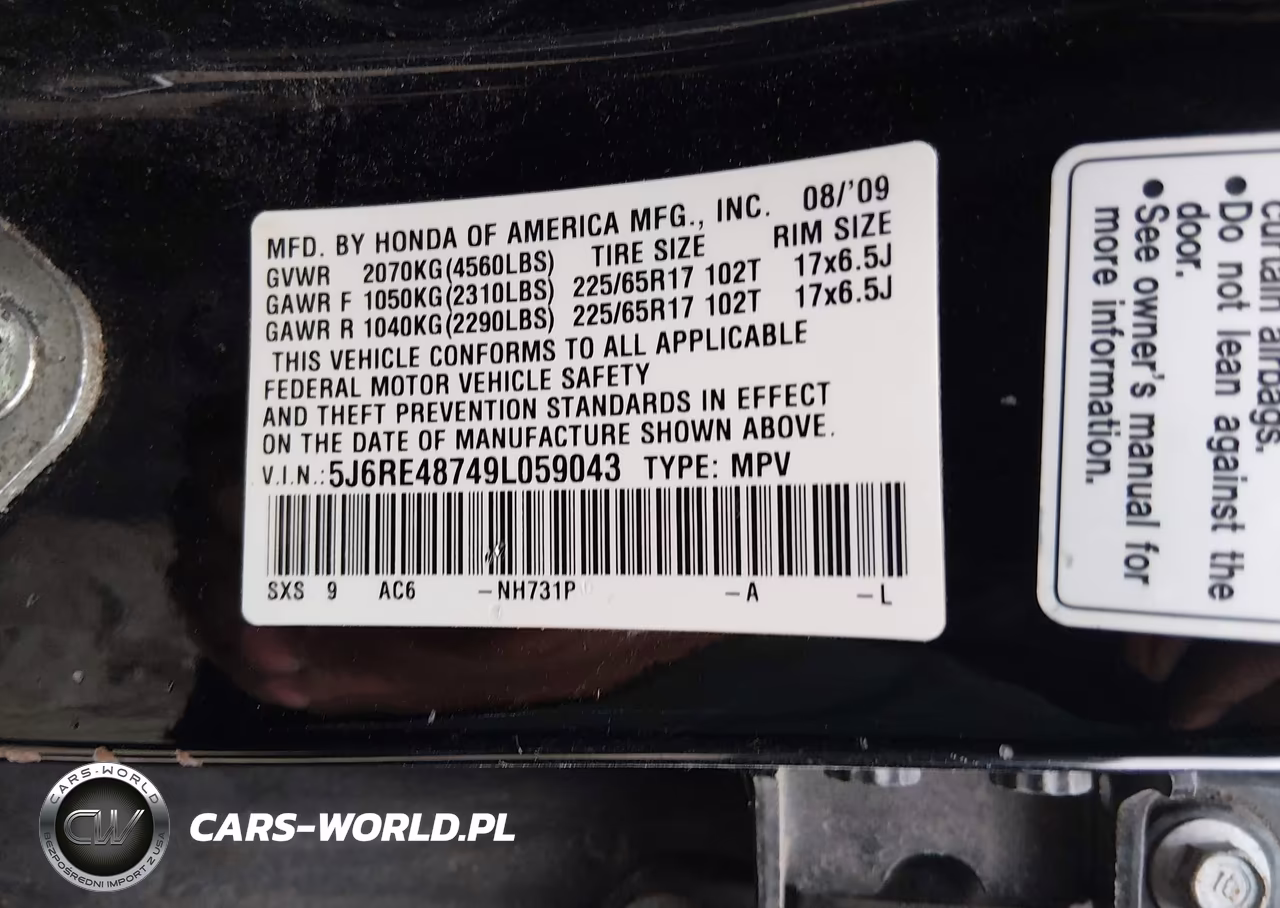 2009 Honda Cr-V Ex-L VIN:5J6RE48749L059043 - 9