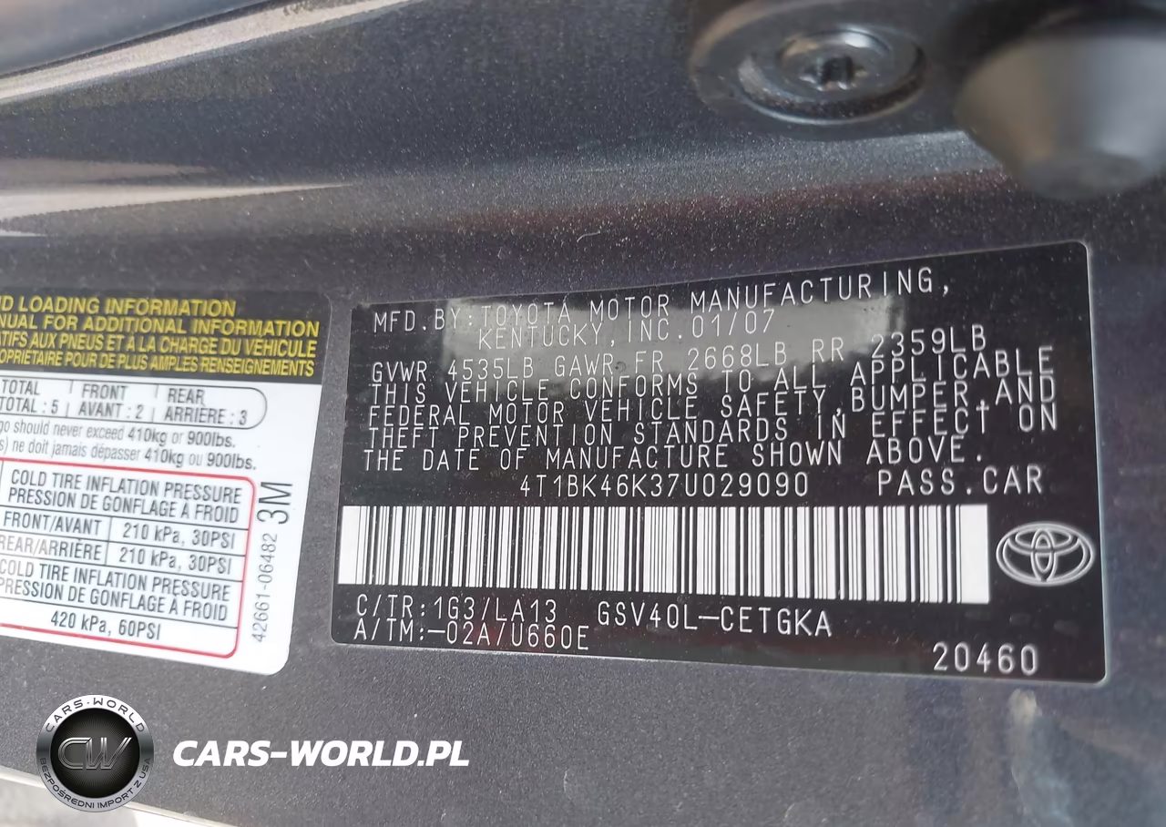 2007 Toyota Camry Xle V6 VIN:4T1BK46K37U029090 - 9