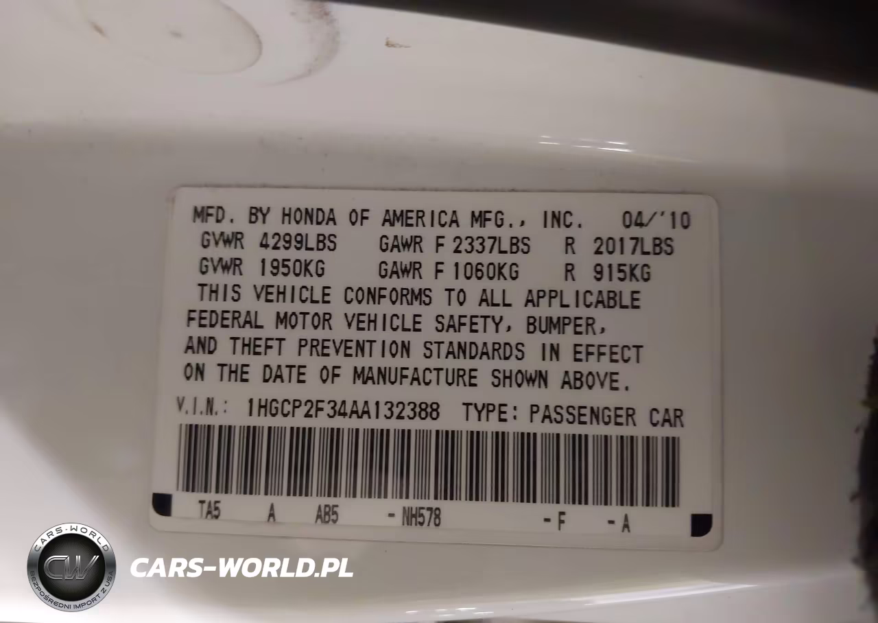 2010 Honda Accord 2.4 Lx VIN:1HGCP2F34AA132388 - 9