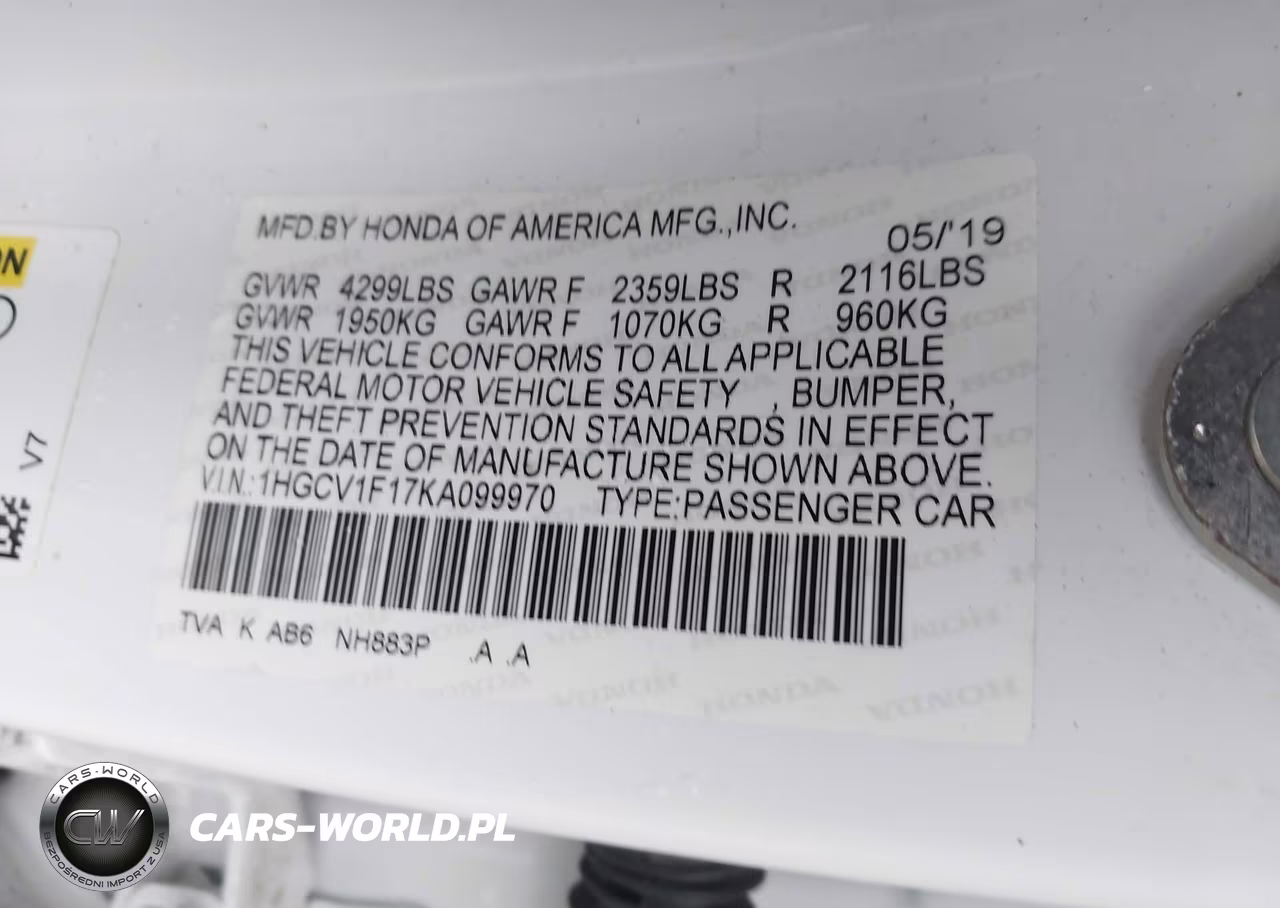 2019 Honda Accord Lx VIN:1HGCV1F17KA099970 - 9