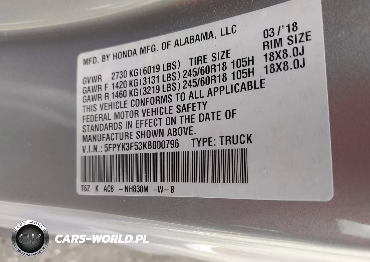 2019 Honda Ridgeline Rtl VIN:5FPYK3F53KB000796 - 9